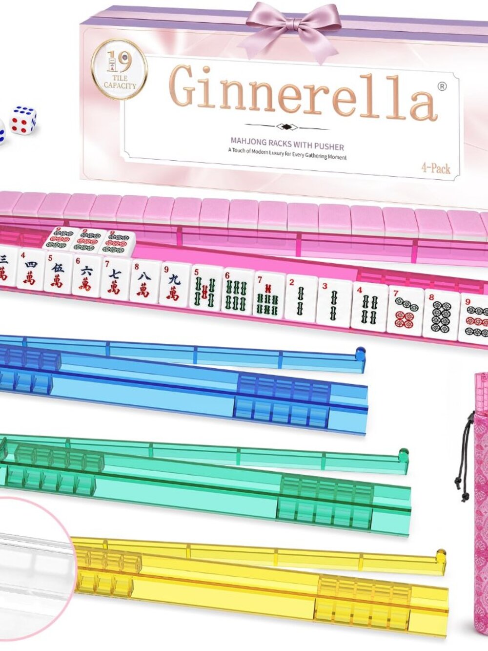 NEW Mahjong Racks with Pushers Set of 4 Color Acrylic 4-Pack Rack & Pusher 3 Bag